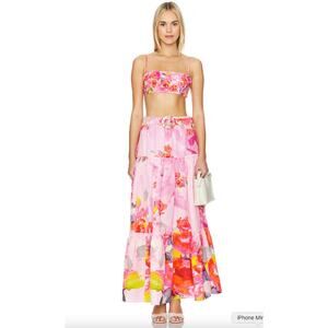 Hemant & Nandita Belted Maxi Skirt Bandeau Top Pink Rosa Floral Small NEW NWT!
